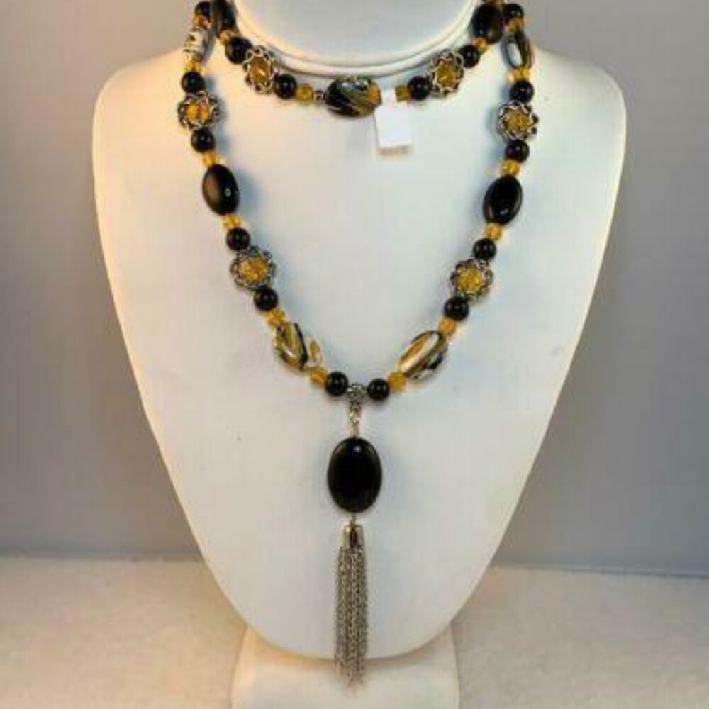 Black Onyx And Yellow Crystal Necklace With Tassel Pendant (NA81)